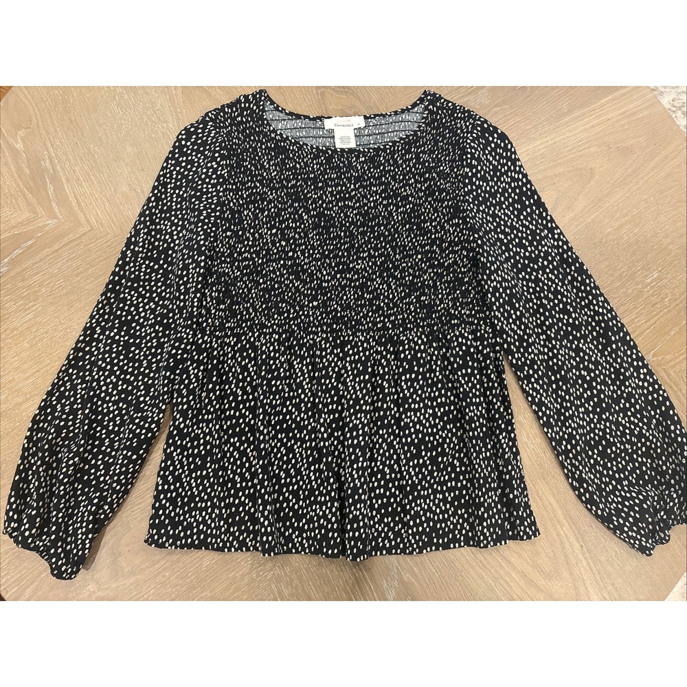 Urban Romantics Women's Smocked Babydoll long Sleeve Black/cream Polka Dot Top